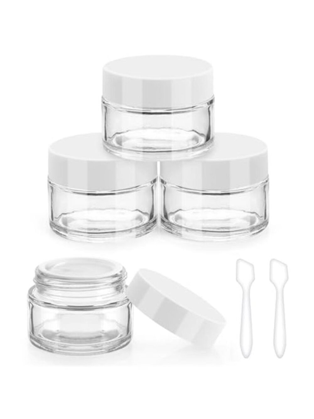 4 Pcs Glass Cosmetic Jars with White Lids, 1 OZ with Inner Liners & 2 Spatulas